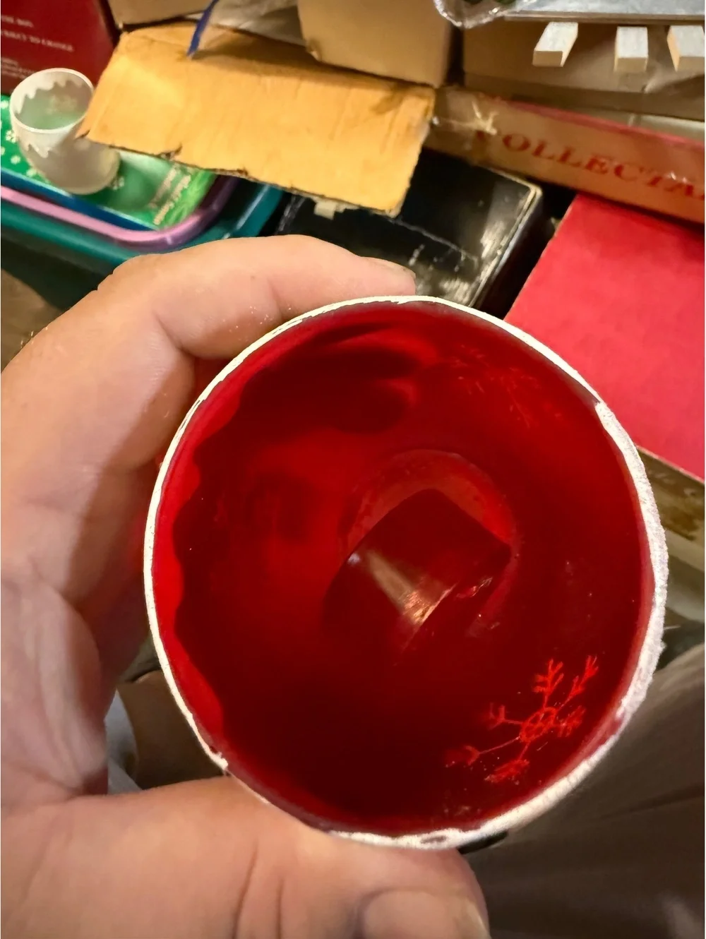 Red Frosted Glass Candle Holder with Snowflake Design